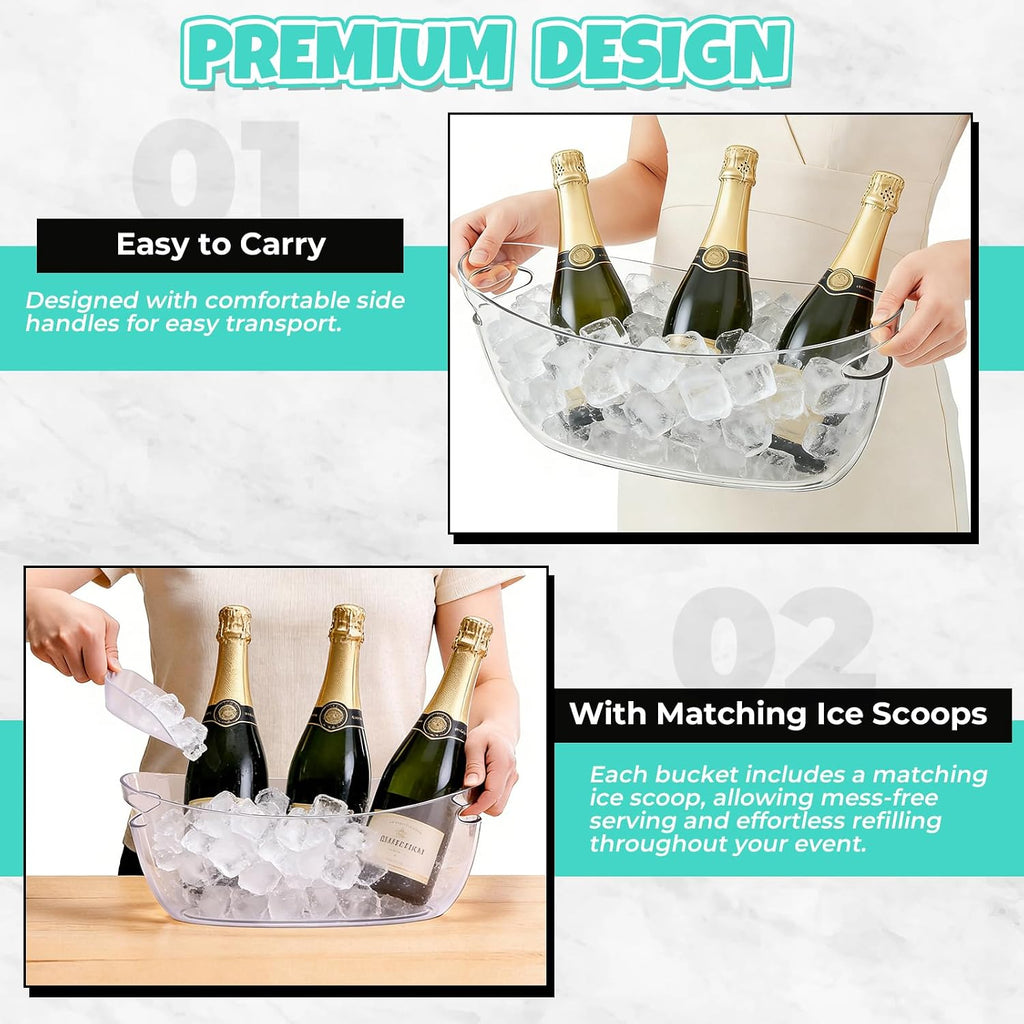 Ice Buckets 2-Pack, 5L Large Clear Acrylic Beverage Tubs with Scoops - Set of 2