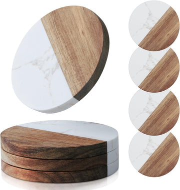 Coasters for Drinks,Marble-Wood Spliced Coaster for Tabletop Protection,Cup Holder Coasters for Multiple Cup - Set of 4