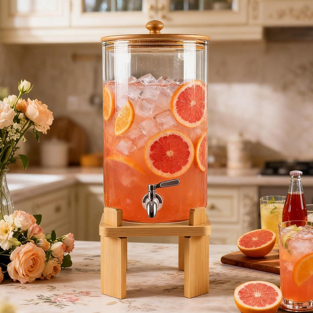 2.3 Gallon Large Glass Drink Dispenser for Parties, with Wood Stand, Juice & Lemonade Dispenser, Iced Beverage
