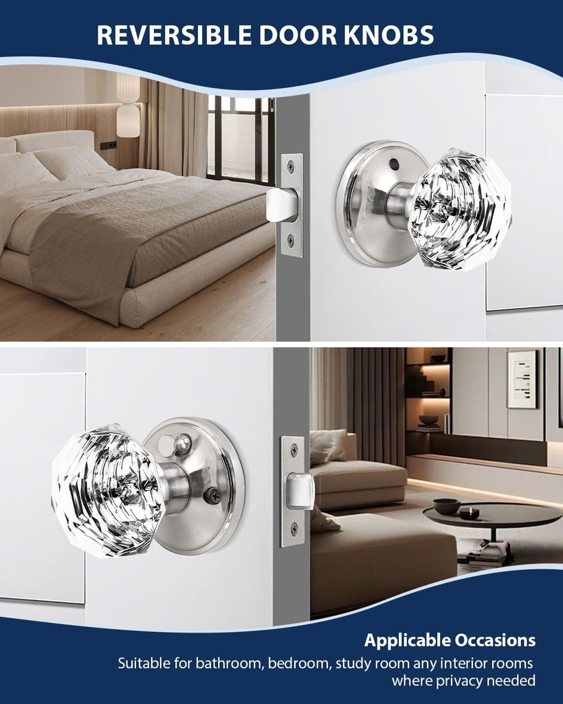 5 Pack Privacy Door Knobs, Clear Glass Door Handles with Satin Nickel Finish, Crystal Interior Door Handles for