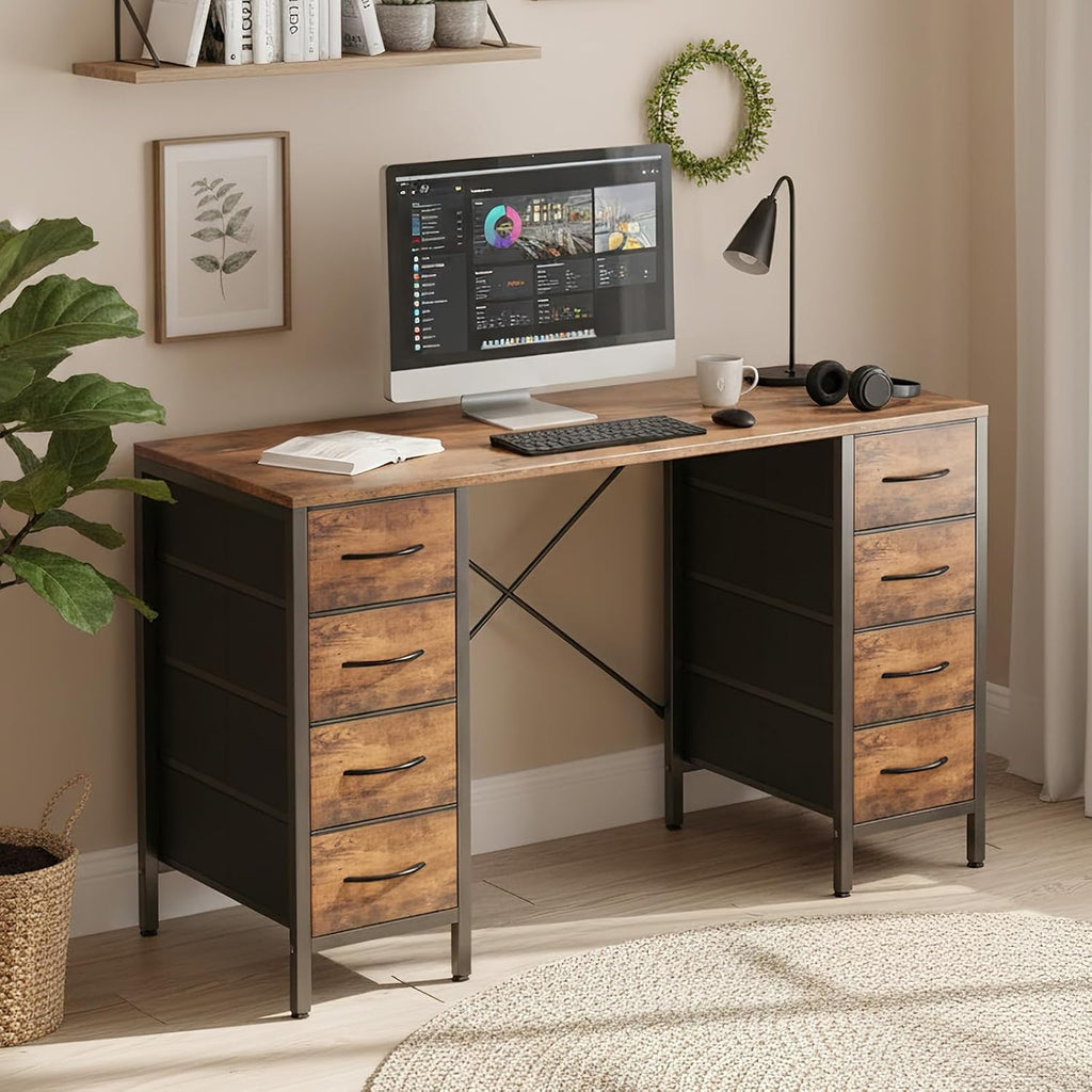 Desk with 8 Fabric Storage Drawers, Computer Office 47 Inch Gaming Writing Study Table with X-Shaped Reinforced