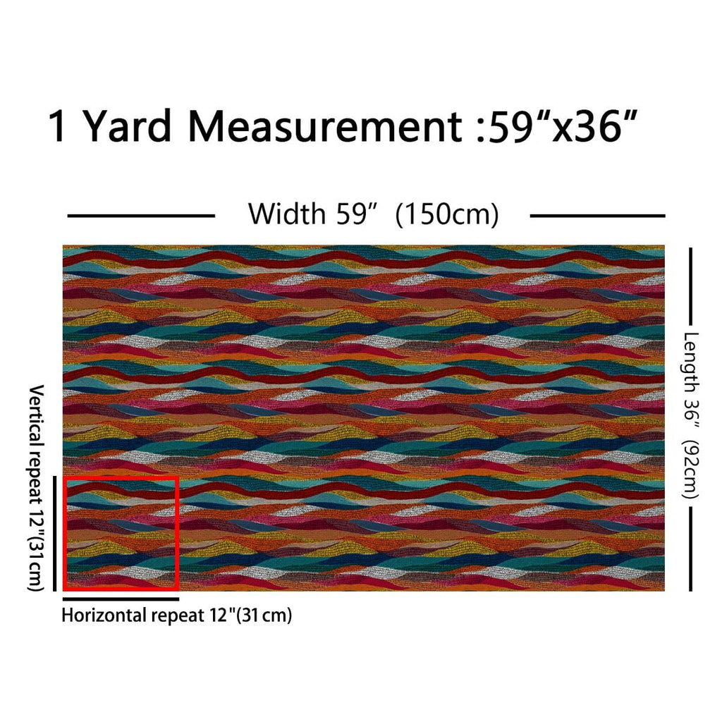 Bohemian Wavy Fabric by The Yard 36" L x 59" W, Rainbow Embroidered Waves Soft Polyester No Stretch Sewing, Geometric