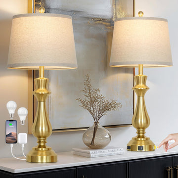 Modern Gold Table Lamps Set of 2, 30" Tall Bedside Lamp with USB Charging Port, 3-Way Dimmable Touch Nightstand Lamp