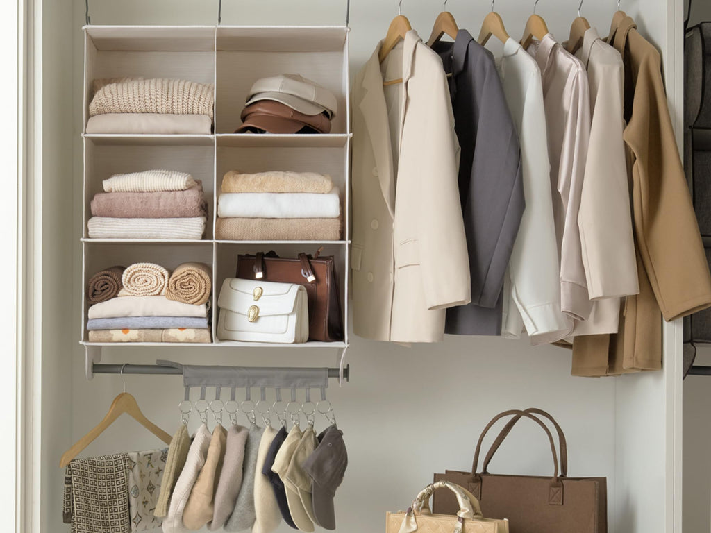 Hanging Closet Organizer with Rod, 6 Sections, 3 Tiers