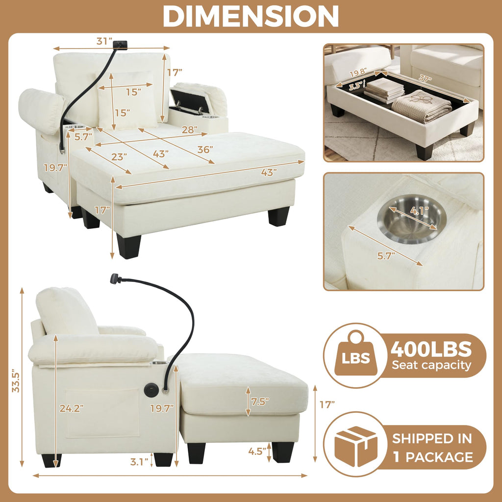 Chaise Lounge Chair Indoor with Adjustable Backrest, Storage Ottoman