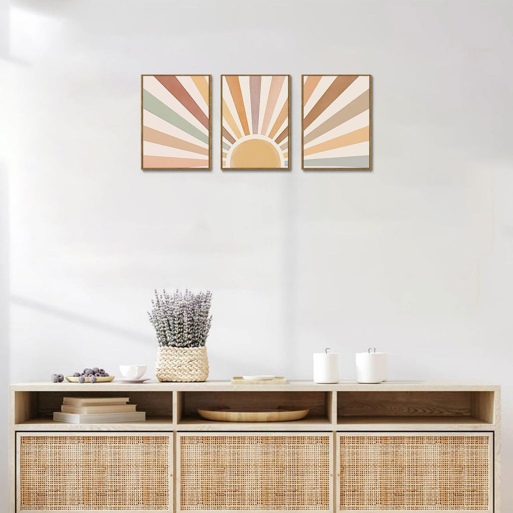 Boho Wall Art, Framed Abstract Wall Art, Sun Rising on the Horizon Neutral Canvas Wall Decor, Mid Century Geometric