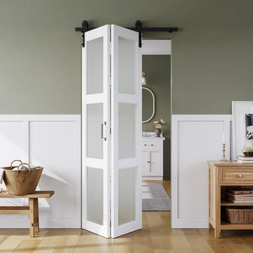 40in x 84in Frosted Glass Bifold Barn Door with Hardware Kit