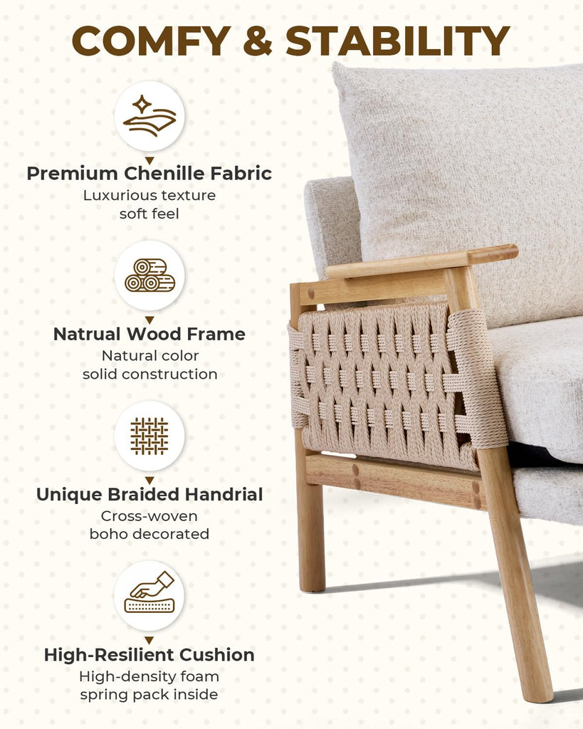 Mid-Century Modern Accent Chair, Woven Rope Arms, Beige