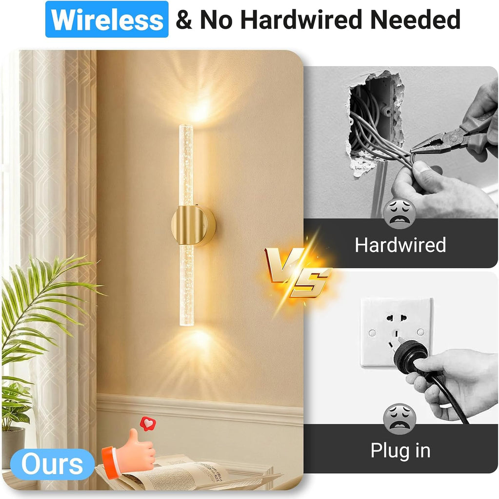 Peel and Stick on Gold Battery Operated Wall Sconces Set of 2, Rechargeable Magnetic Linear Wall Lights for Bedroom