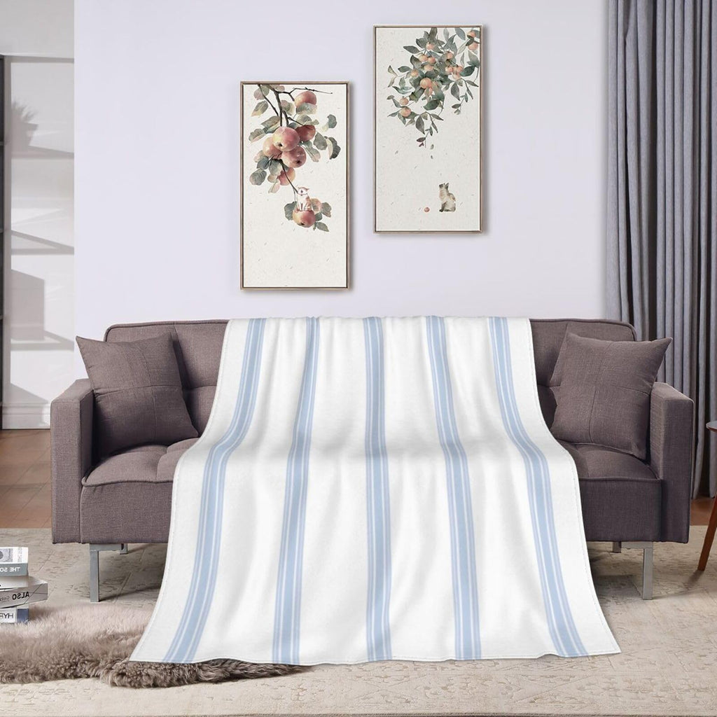Vintage French Ticking Stripe Pattern Blue White Reversible Flannel Throw Blanket - Ultra Soft Lightweight 80"X60"