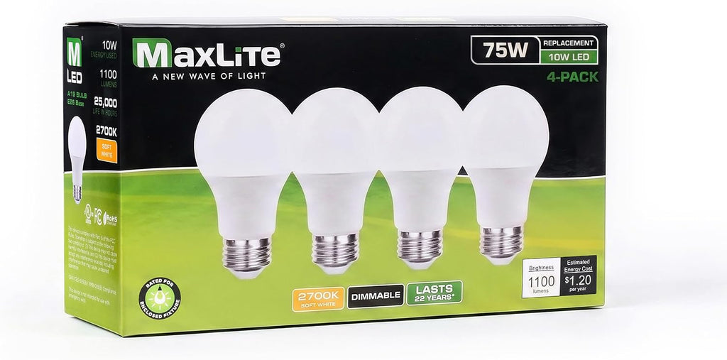 A19 LED Light Bulb, 10W, Soft White 2700K Dimmable Household Lighting Enclosed Rated (4 Pack)