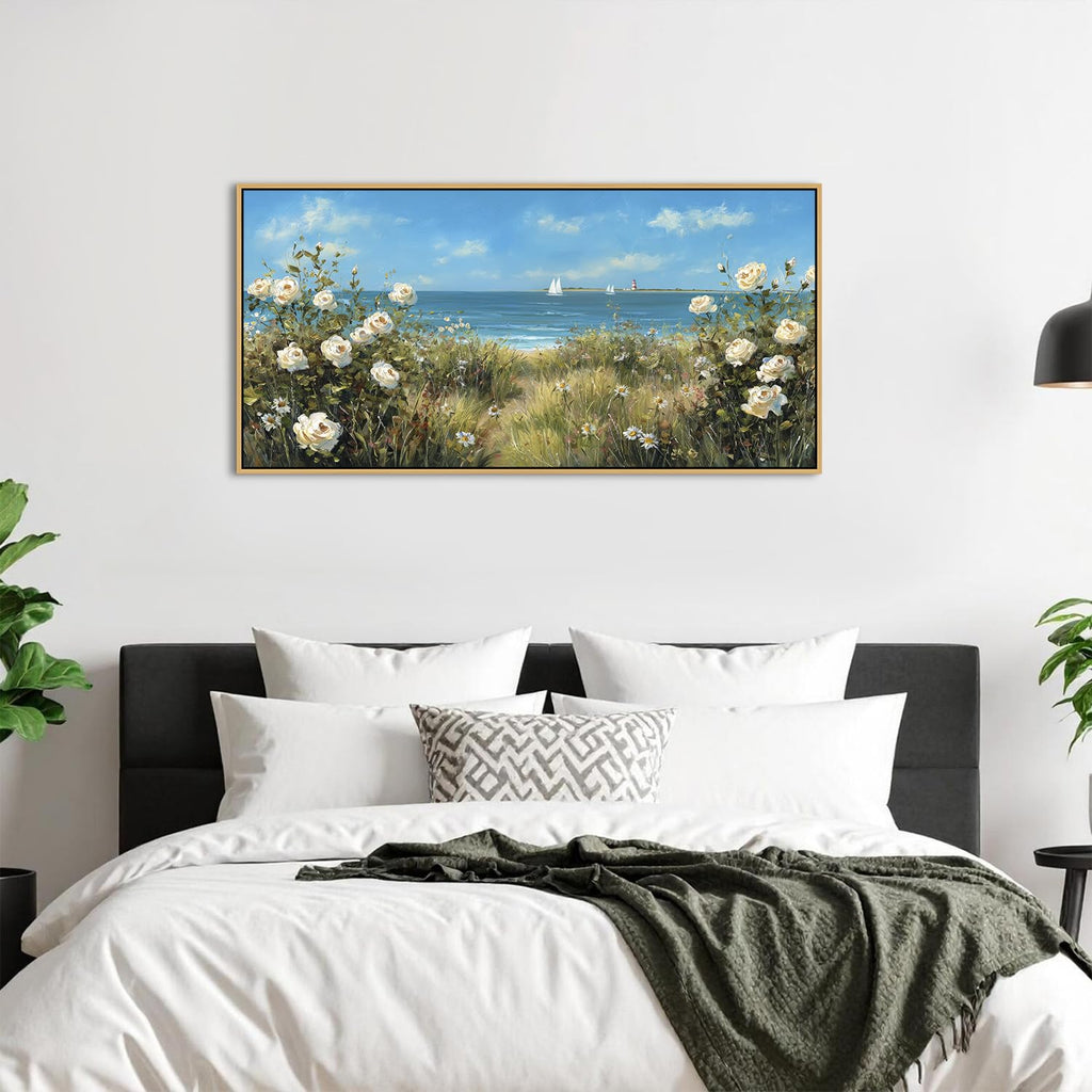 Vintage Coastal Wall Art Beach Wildflowers Canvas Prints Blue Ocean White Flowers Pictures Seascape Sailboat Painting