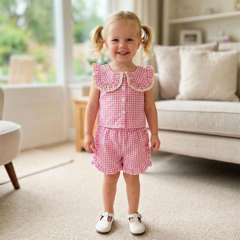 Toddler Baby Girl Summer Outfit Peter Pan Collar Sleeveless Vest Tank Top Ruffles Gingham Shorts Set Summer Clothes