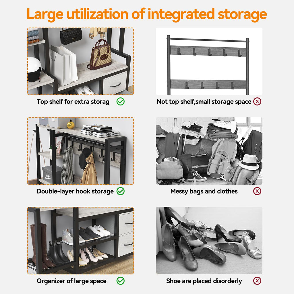 Hall Tree 43", Bench with Shoe Storage, Large Coat Rack Shoe Bench with 5 Tier Shelves, 5 in 1 Design Front Door Shoe