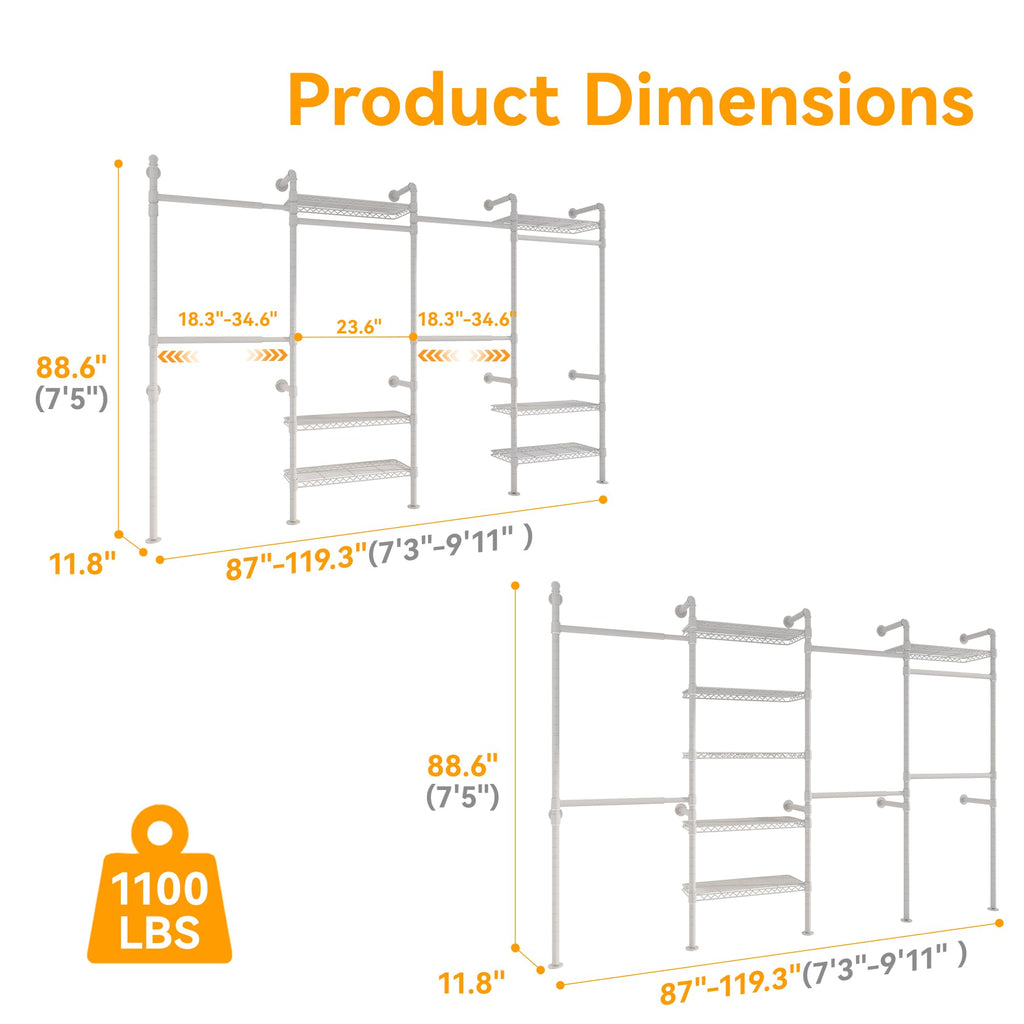 W4 Wall Mounted Clothes Rack, Industrial Pipe Clothing Rack, White