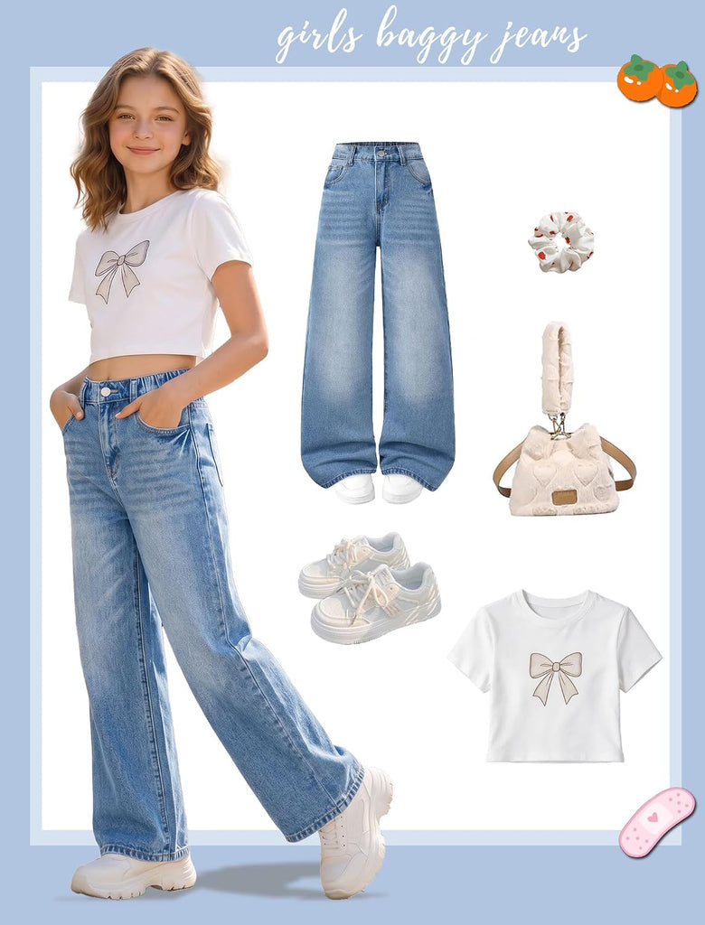 Jeans for Girls Baggy Wide Leg High Waisted Y2K Denim Pants