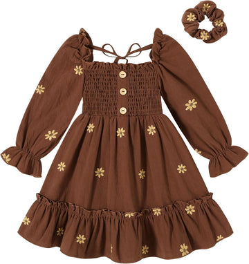 Toddler Girl Dress Long Sleeve Linen Vintage Baby Fall Winter Outfits Clothes