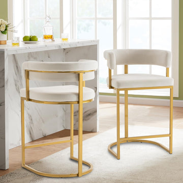 Set of 2 Beige Modern Velvet Bar Stools with Barrel Backrest, Upholstered Seat, and Gold Metal Footrest - 25.6-Inch