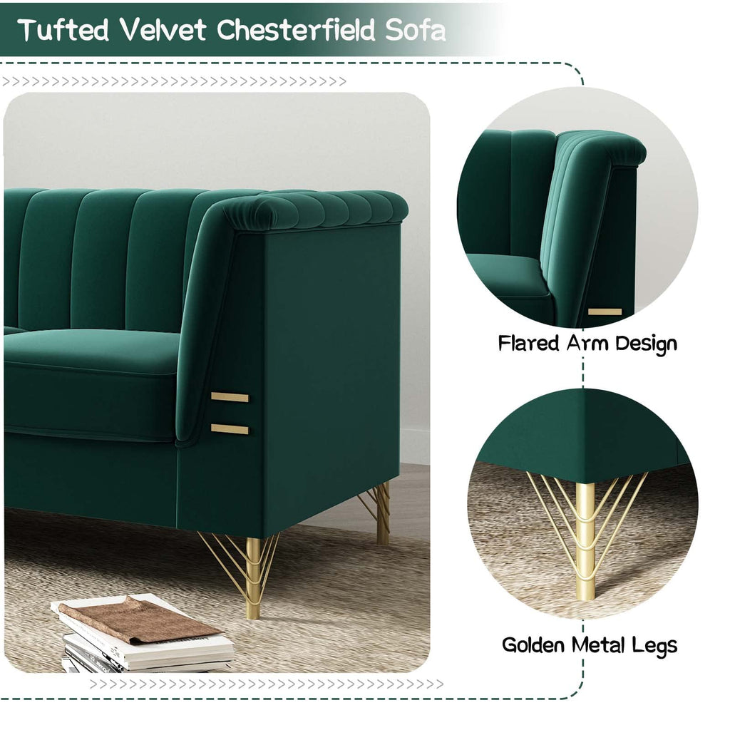 Emerald Green Couch Sofa, 83" Mid-Century Modern Tufted Chesterfield Sofa with Flared Arms and Removable Cushions
