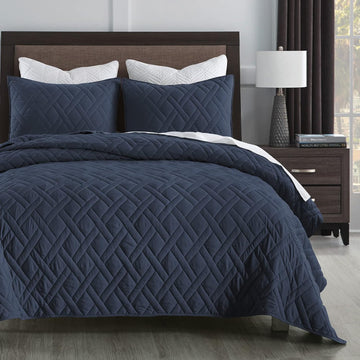 Quilt Set King Navy Blue, Classic Geometric Diamond Stitched Pattern, Ultra Soft Lightweight Bedspread Coverlet for