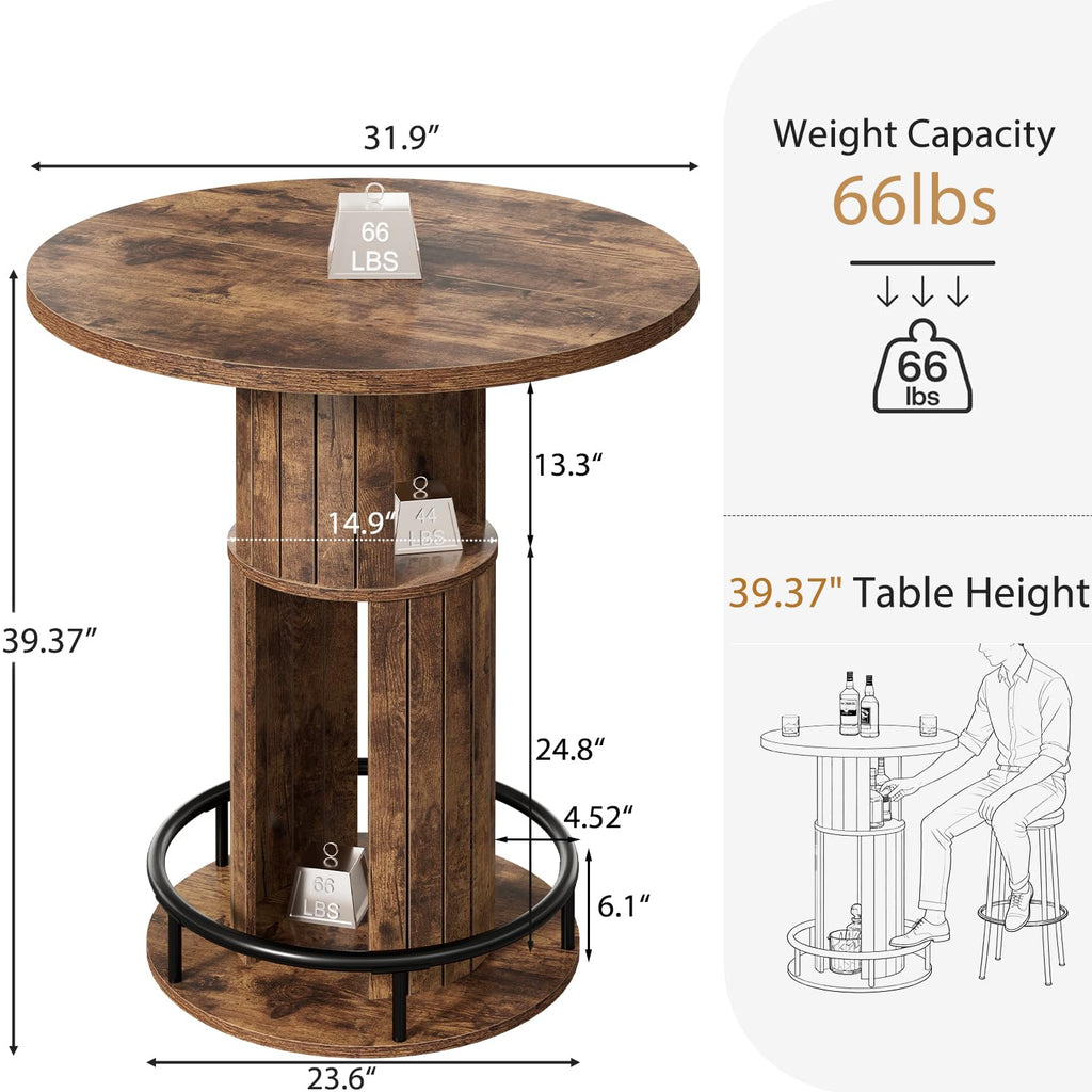 Round Bar Table, 39.4"H Bar Height Bistro Pub Table With 2-Tier Storage