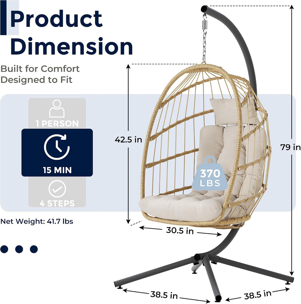 Egg Chair Outdoor with Stand, Indoor Wicker Hanging Egg Swing Chair with Cushion, 370lbs Capacity , Garden - Cream