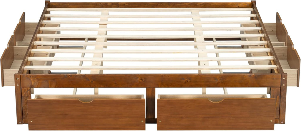 Solid Wood Floor King Bed Frame with Storage Drawers No Headboard(Walnut)