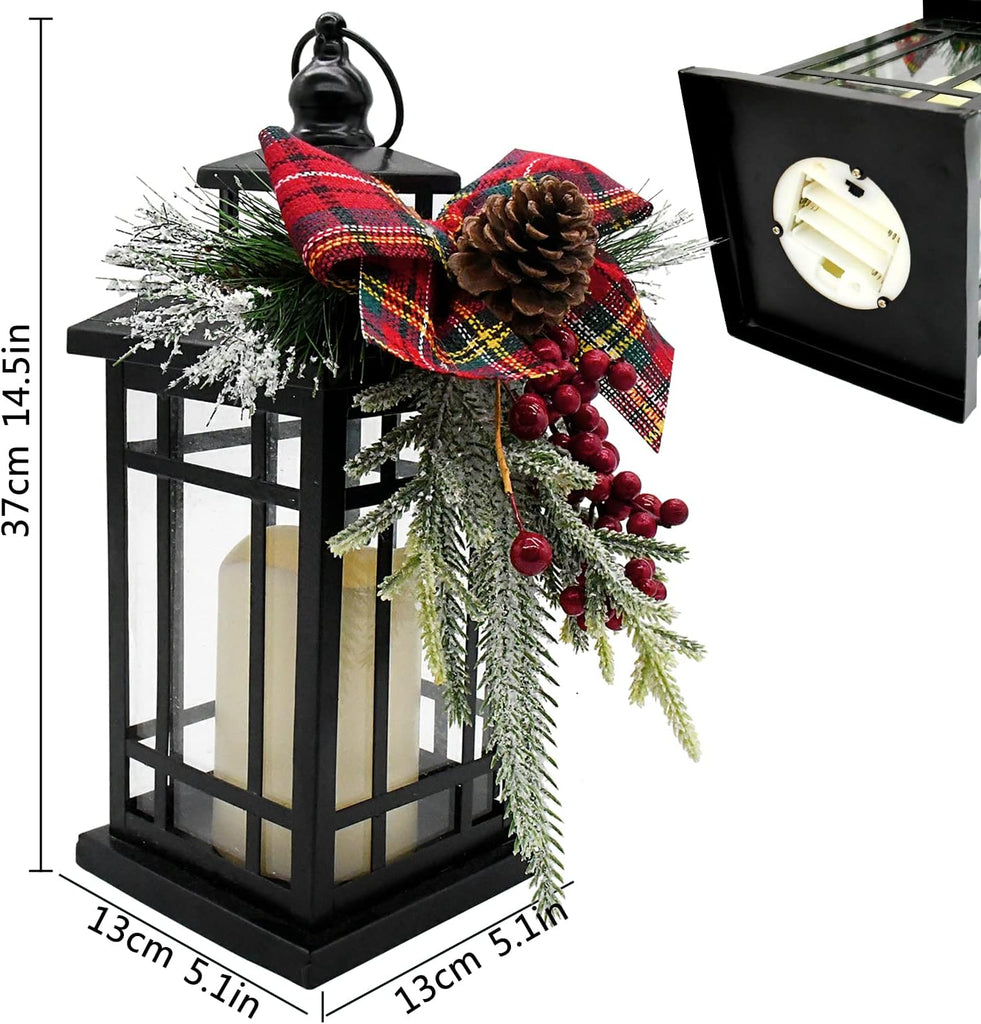 14 Inch Black Christmas Lantern with LED Flickering Flameless Candle