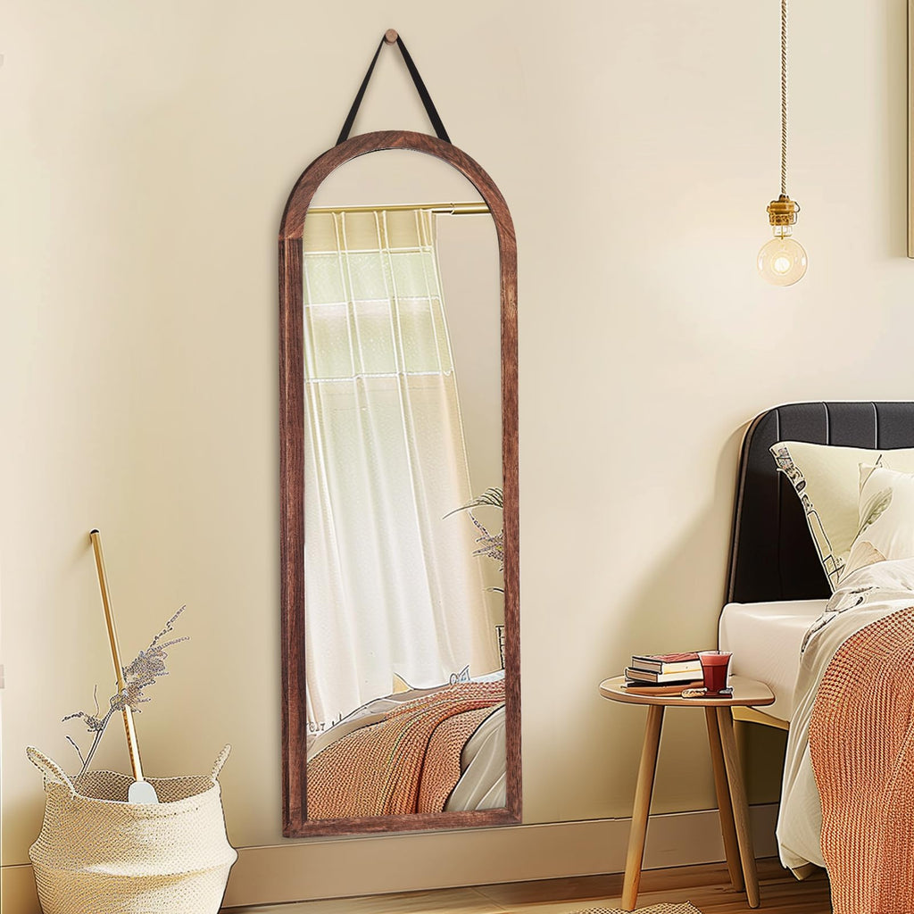 48x16in Arched Full Length Mirror Solid Wood Frame, Brown