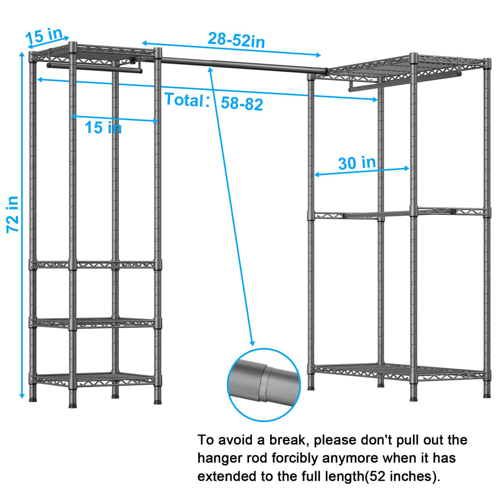 E10L L-Shaped Clothes Rack for Corner(With Expandable Hanger Rod)Heavy Duty Freestanding Clothing Racks for Hanging