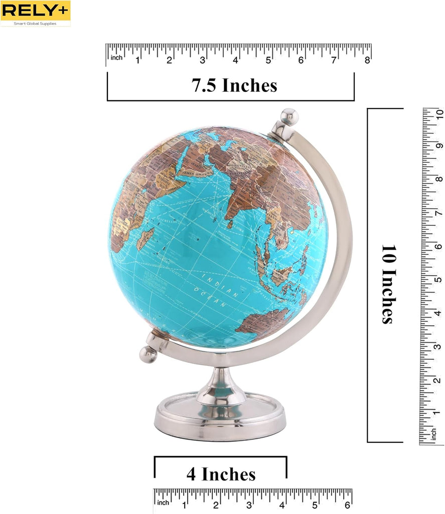 Earth Light Blue Rotating Globe of The World with Silver Stand (NOT PLASTIC!) for Bookcase Shelf Decorative Home Desk
