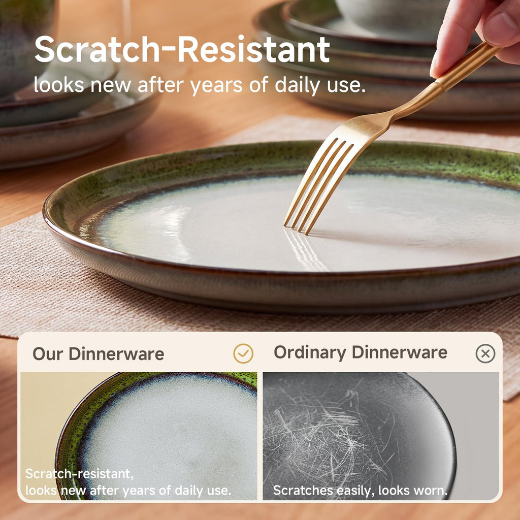 Dinnerware Set for 6, Green Reactive Glaze Plates and Bowls Sets
