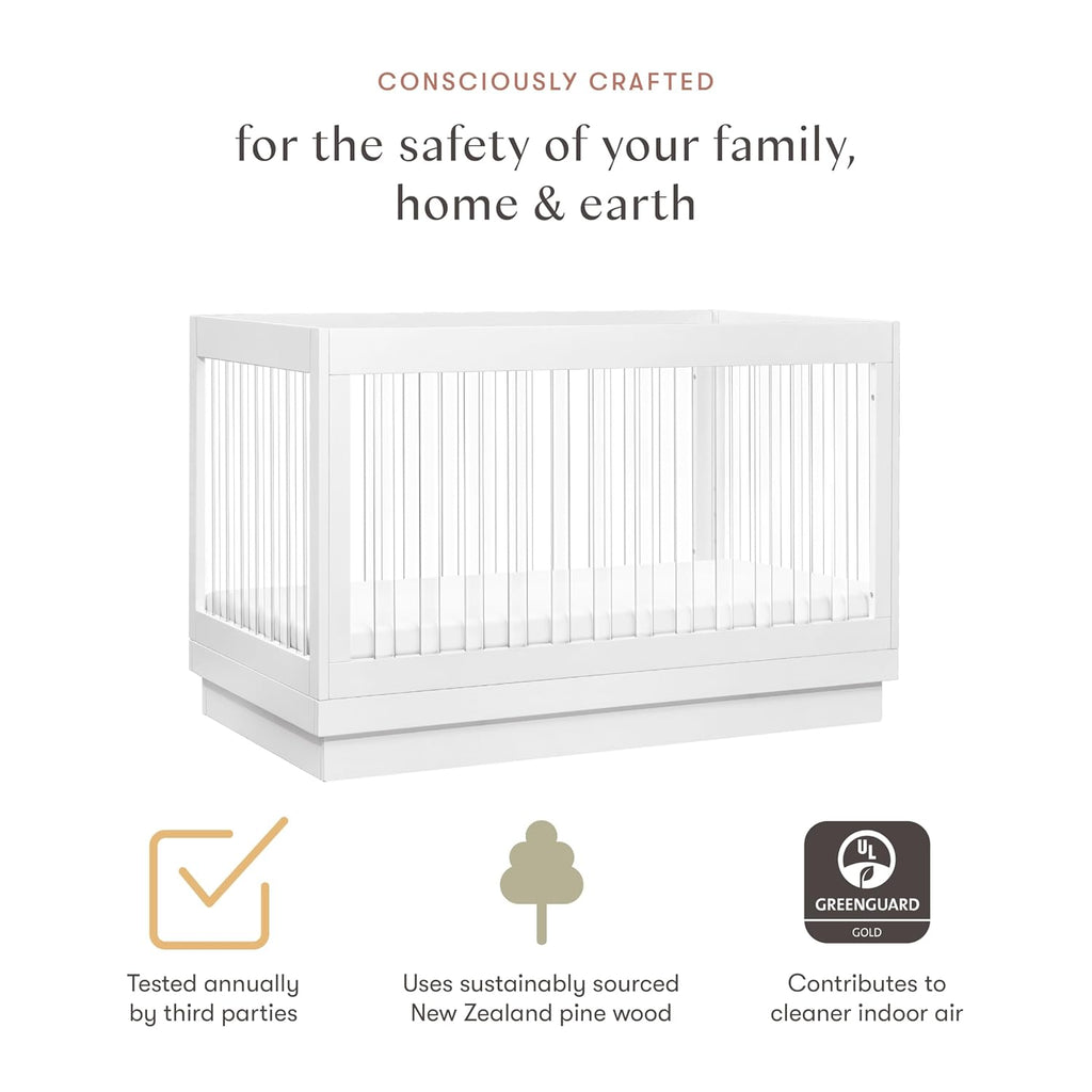 Harlow Acrylic 3-in-1 Convertible Crib with Toddler Bed Conversion Kit in White with Acrylic Slats, Greenguard Gold