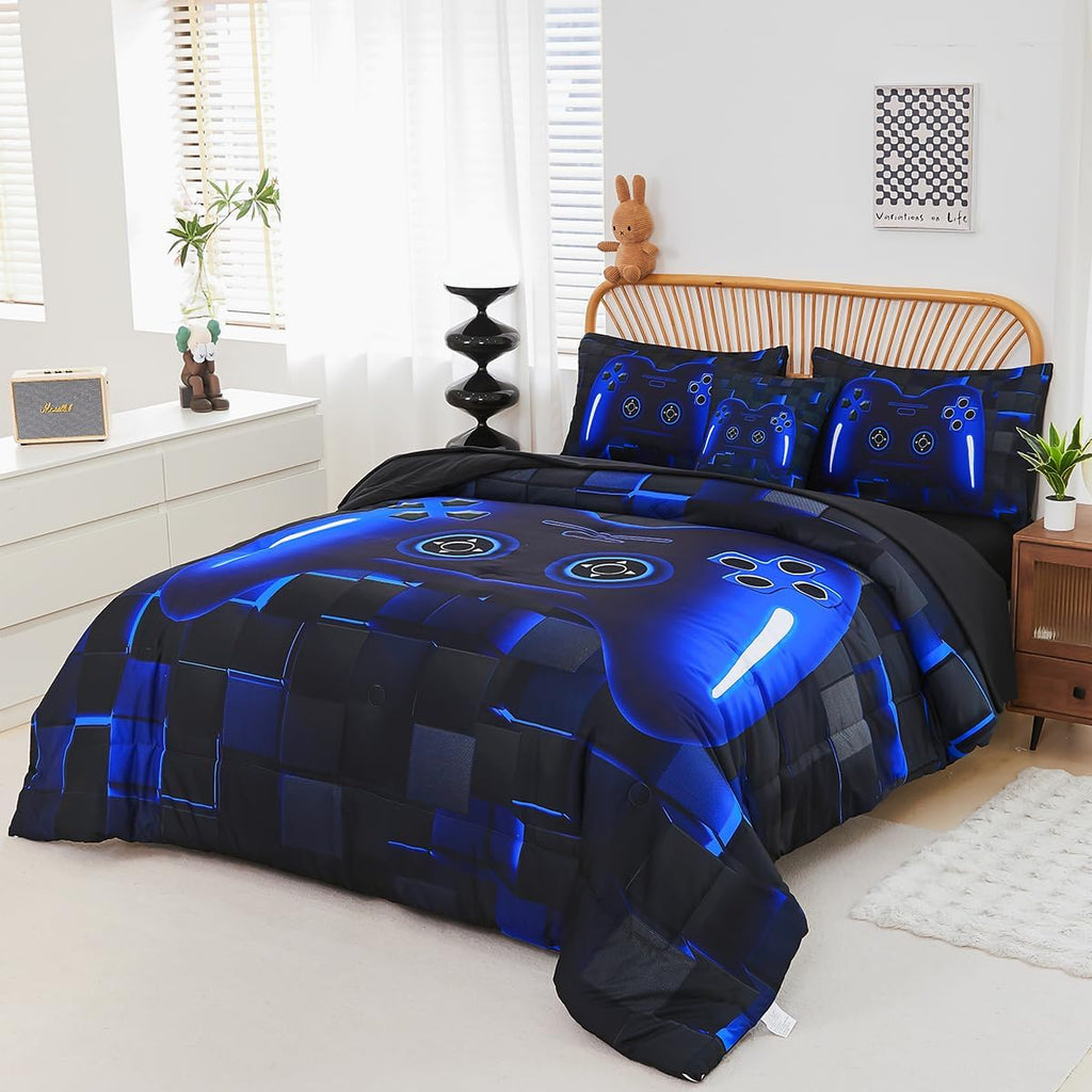 Twin Bed in A Bag 6 Pieces Gaming Bedding Set for Boys Blue Gamer Comforter with Sheet Set for Kids Teen Cool Video