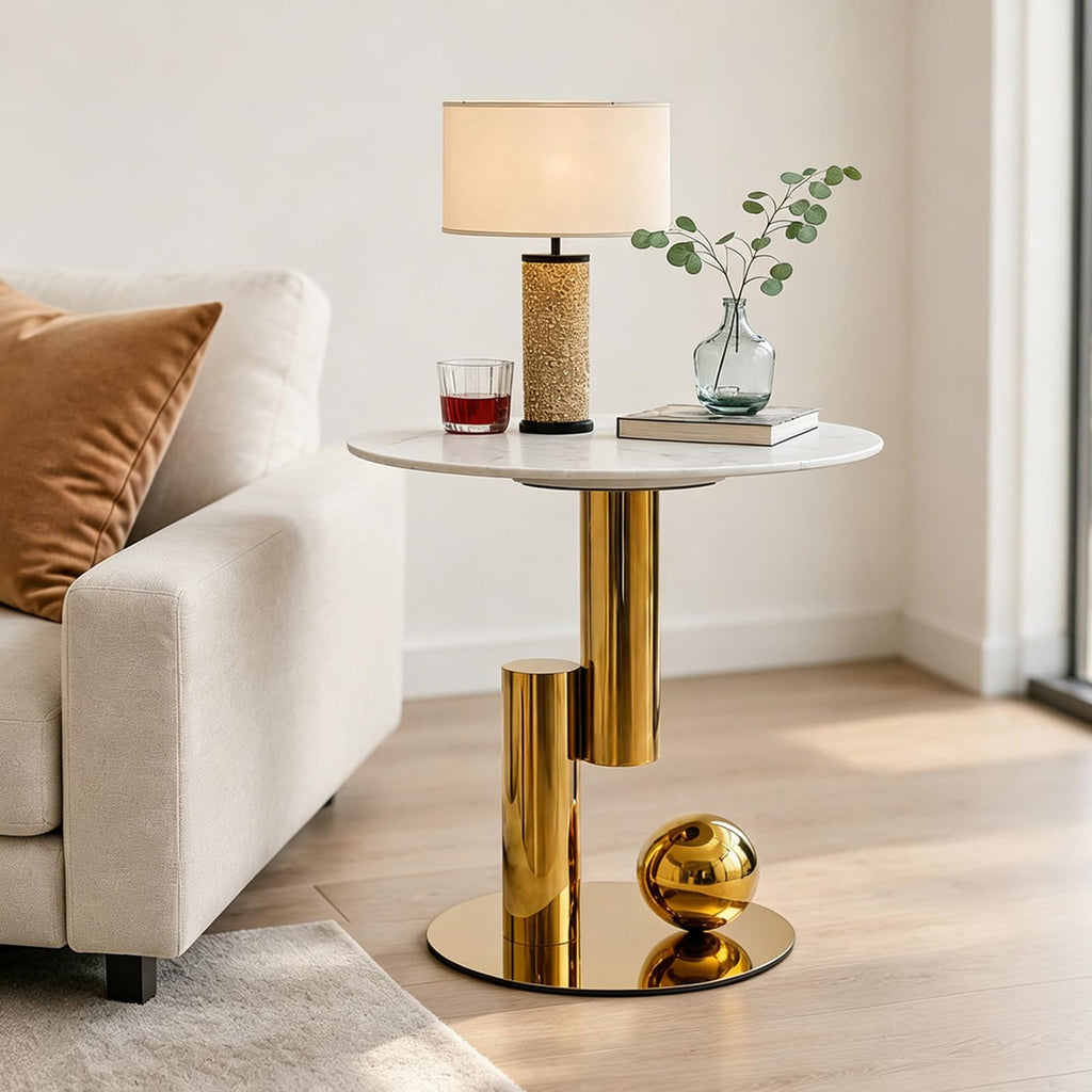 White Gold Round Side Table, 19.7" Faux Marble Sofa End Table, Modern Nightstand, Small Accent Table with Stainless