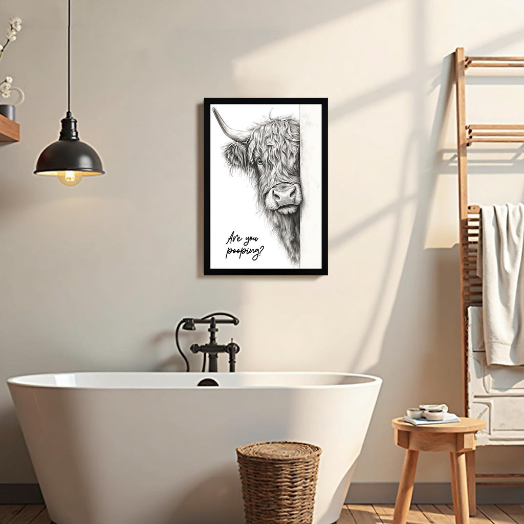 Funny Highland Cow Bathroom Decor Canvas Wall Art, 16x24 Inch