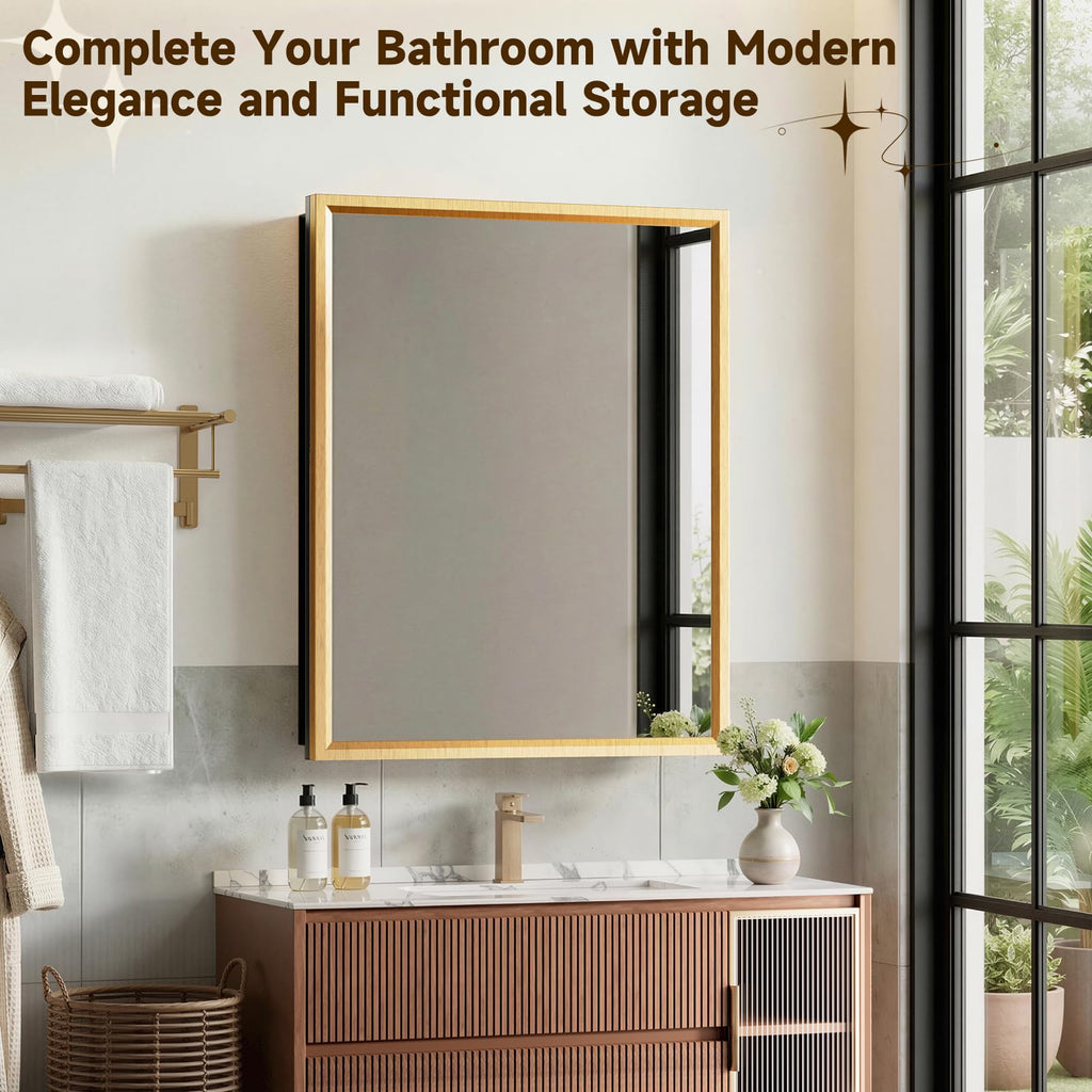 14" x 24" Gold Medicine Cabinets with Mirror, Aluminum Alloy Framed Mirror, Recessed or Surface Wall-Mounted Metal