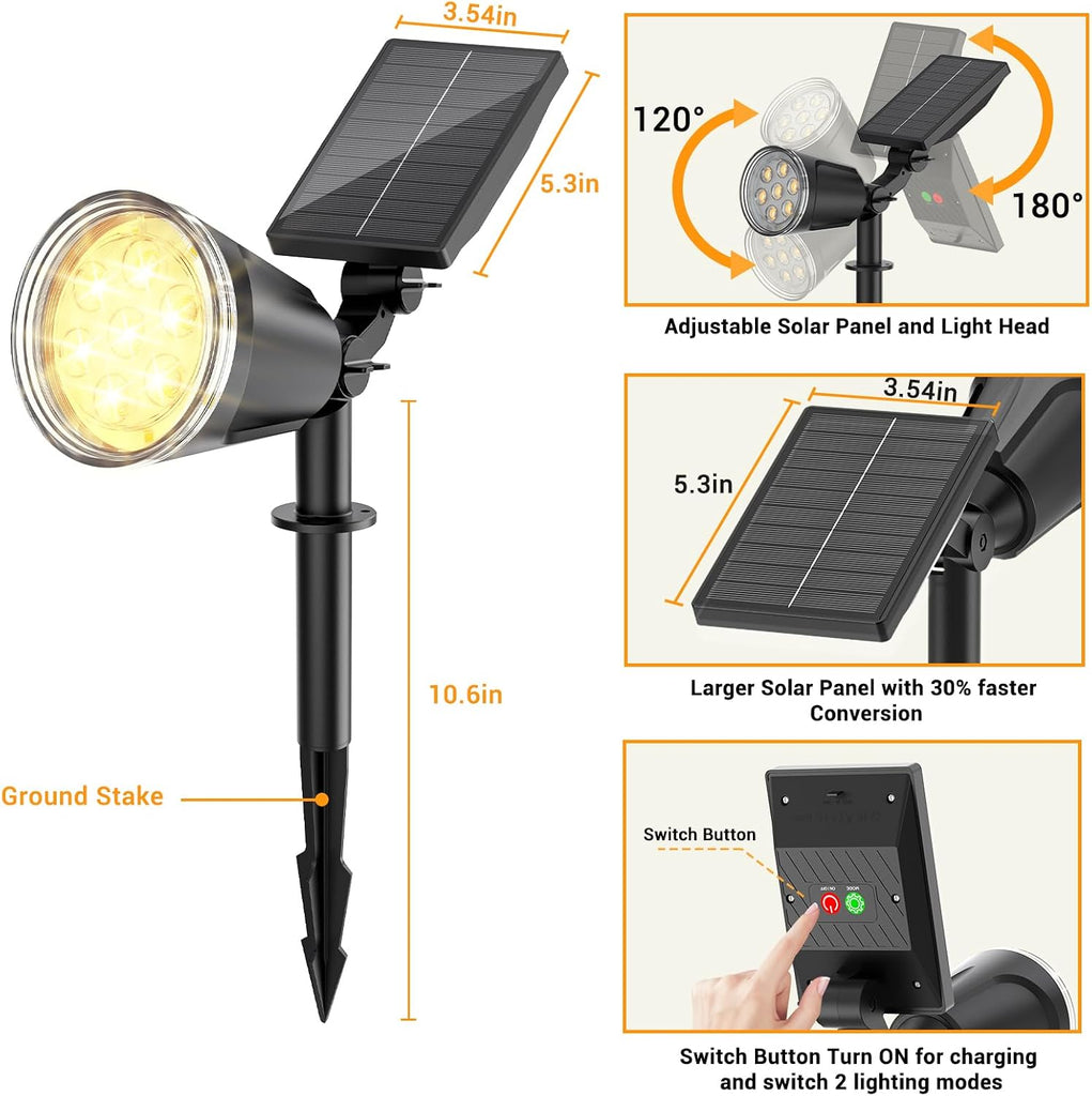 Solar Spot Lights Outdoor Waterproof: 1000LM Big Adjustable Spotlight - 2-in-1 15Hrs+ Long Lasting Spot Light - Solar