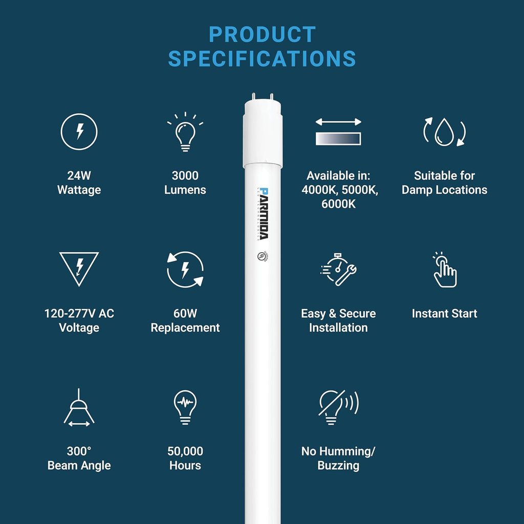4FT LED T8 Hybrid Type A+B Light Tube, 24W, Plug & Play or Ballast Bypass, Single-Ended OR Double-Ended