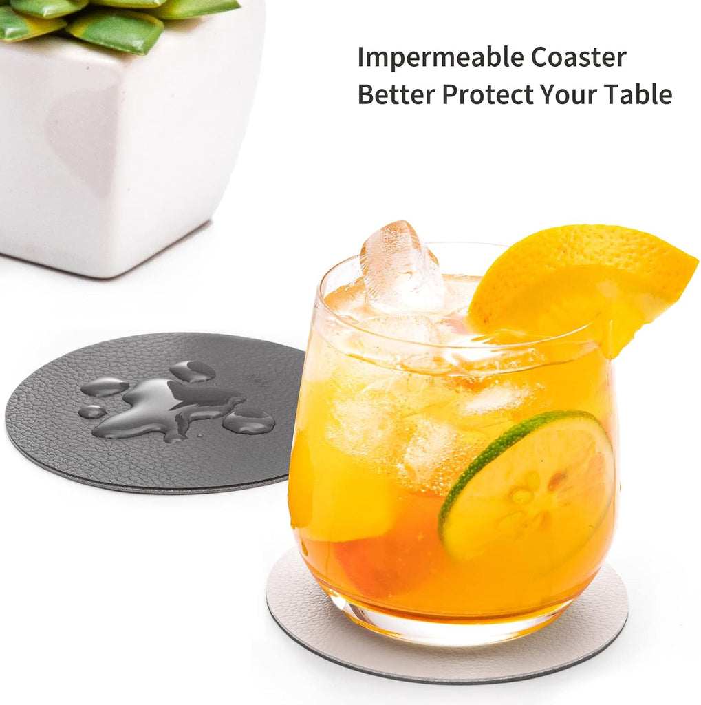 Faux Leather Drink Coasters with Holder, Dual Sided Sets of 12