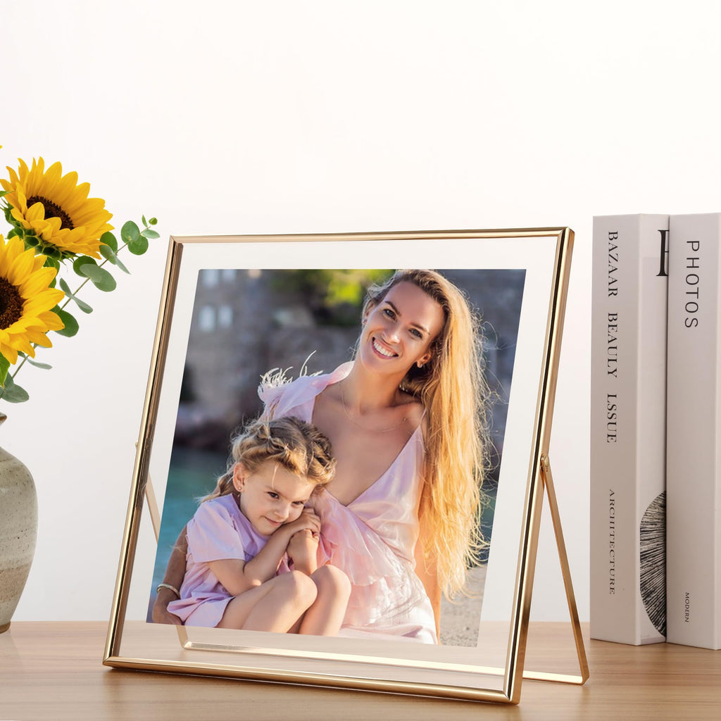 Gold 10x10 Floating Frame 2 Pack for Photo Size(5x5'', 6x6'', 8x8''), Adjustable Tabletop/Shelf floating Photo Frame, for
