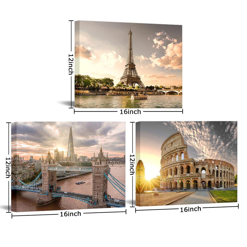 European Cityscape Wall - Paris Eiffel Tower, London, Rome Canvas Prints - Framed Landscape Paintings Decor - Ready
