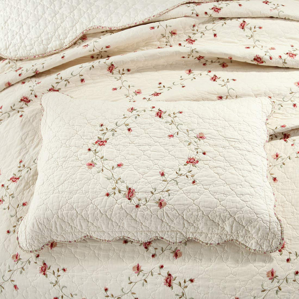 3-Piece Floral Embroidered Bedspread Coverlet Set 100% Cotton Reversible Patchwork 1 Quilt and 2 Pillow Shams