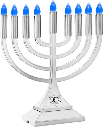 Zion Judaica 9" LED Hanukkah Medium Metallic Silver Battery or USB C Type Powered Flameless Chanukkah Candleholder - Set of 9