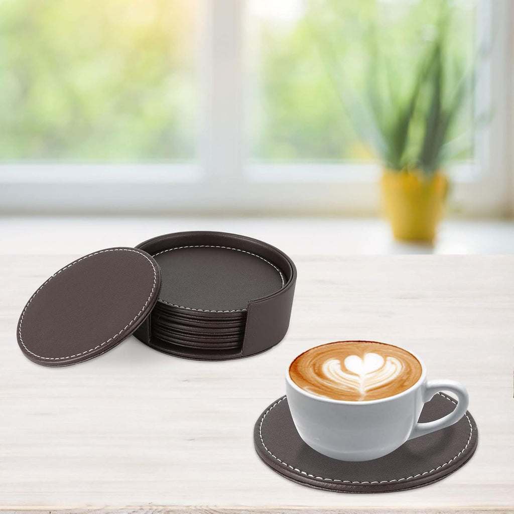 Round Leather Coasters for Drinks with Holder, 4" (Brown) - Set of 6