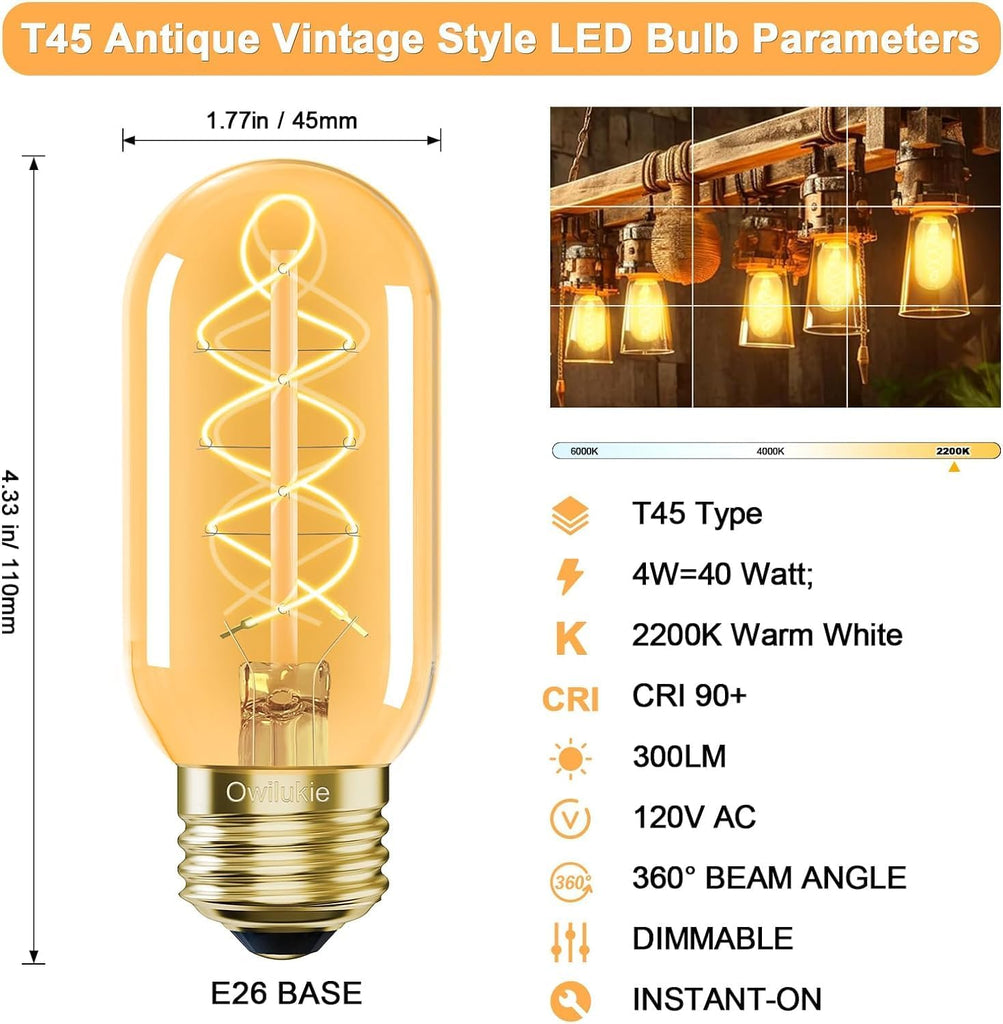 E26 LED Bulb 4W Equivalent 40 watt, Vintage Edison Bulbs, Warm White 2200K Amber E26 Edison Bulb dimmable,Tubular T14