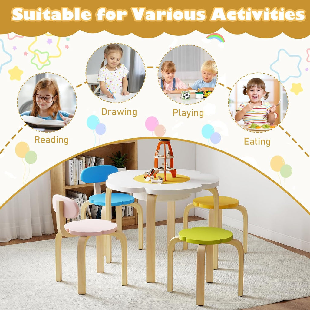 Kids Table and Chair Set, Wooden Toddler Flower-Shaped Table and 4 Chairs w/Storage for Art Craft, Dining, Piece