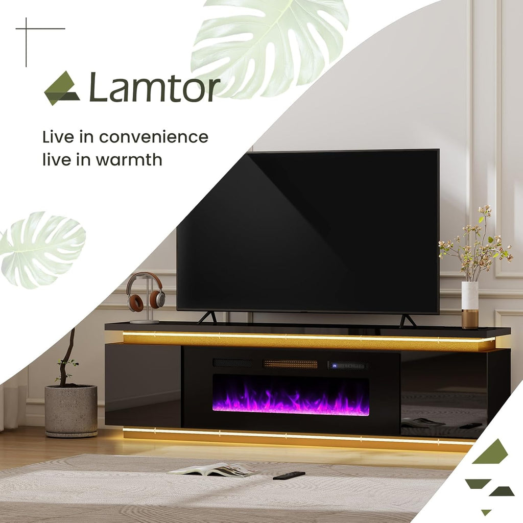 Fireplace TV-Stand with 40" Fireplace - 2 LED Light TV-Stand for 85 inch TVs - Entertainment Center with 4 AC Power