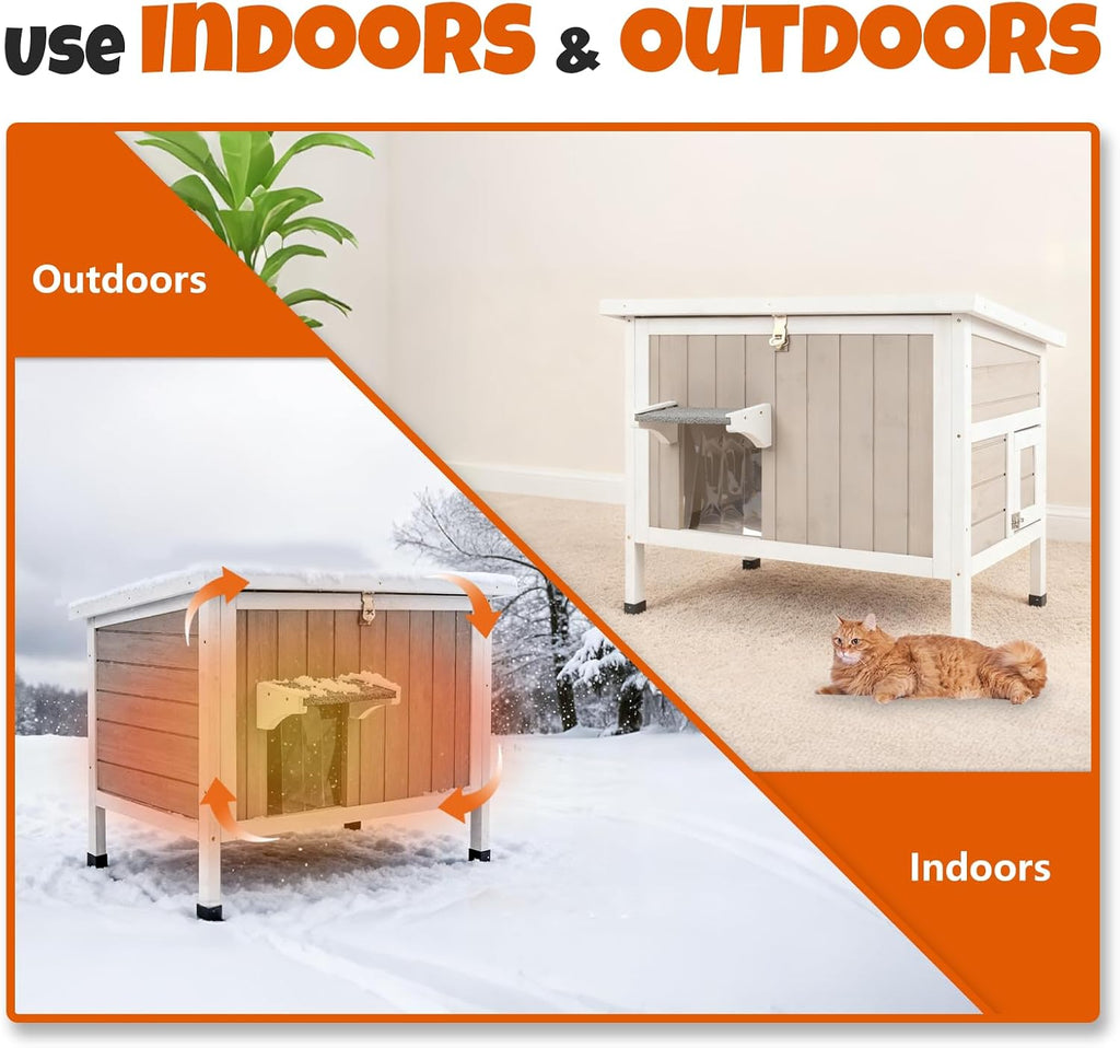 Outdoor Elevated Cat House for 1-2, Weatherproof Wooden Cat Shelter with PVC Ventilated Curtain, Dual Escape Doors