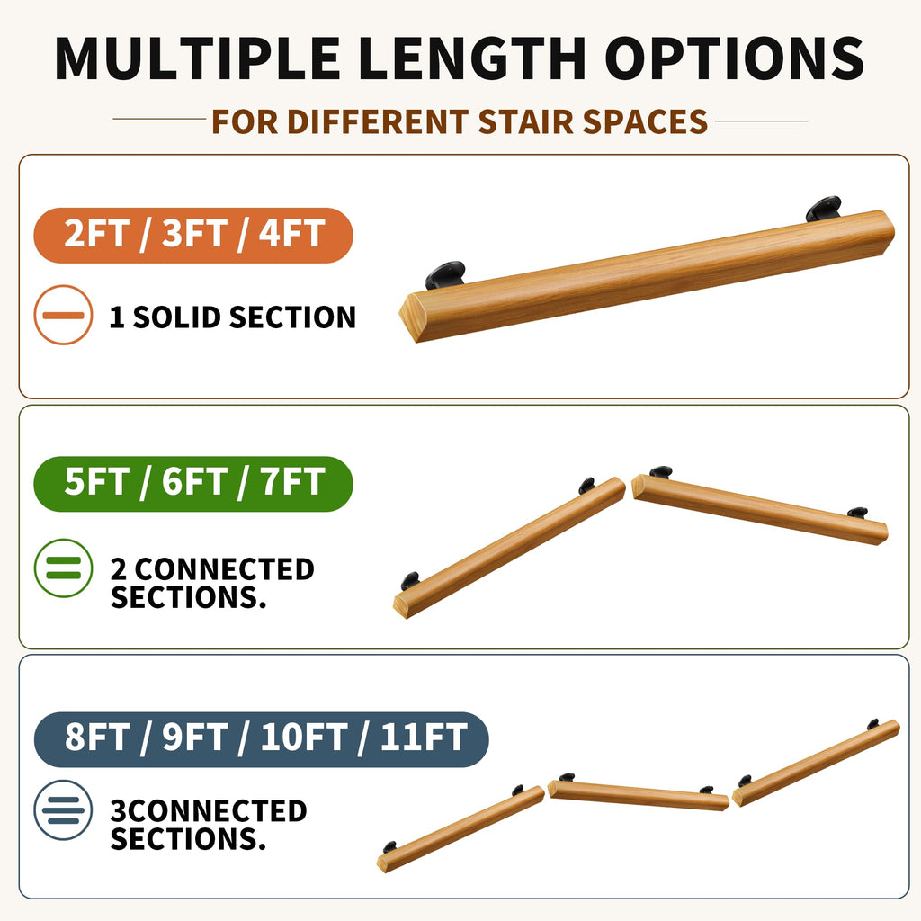 Wood Handrails for Indoor Stairs, 8FT Non-Slip Railing Wall Mounted
